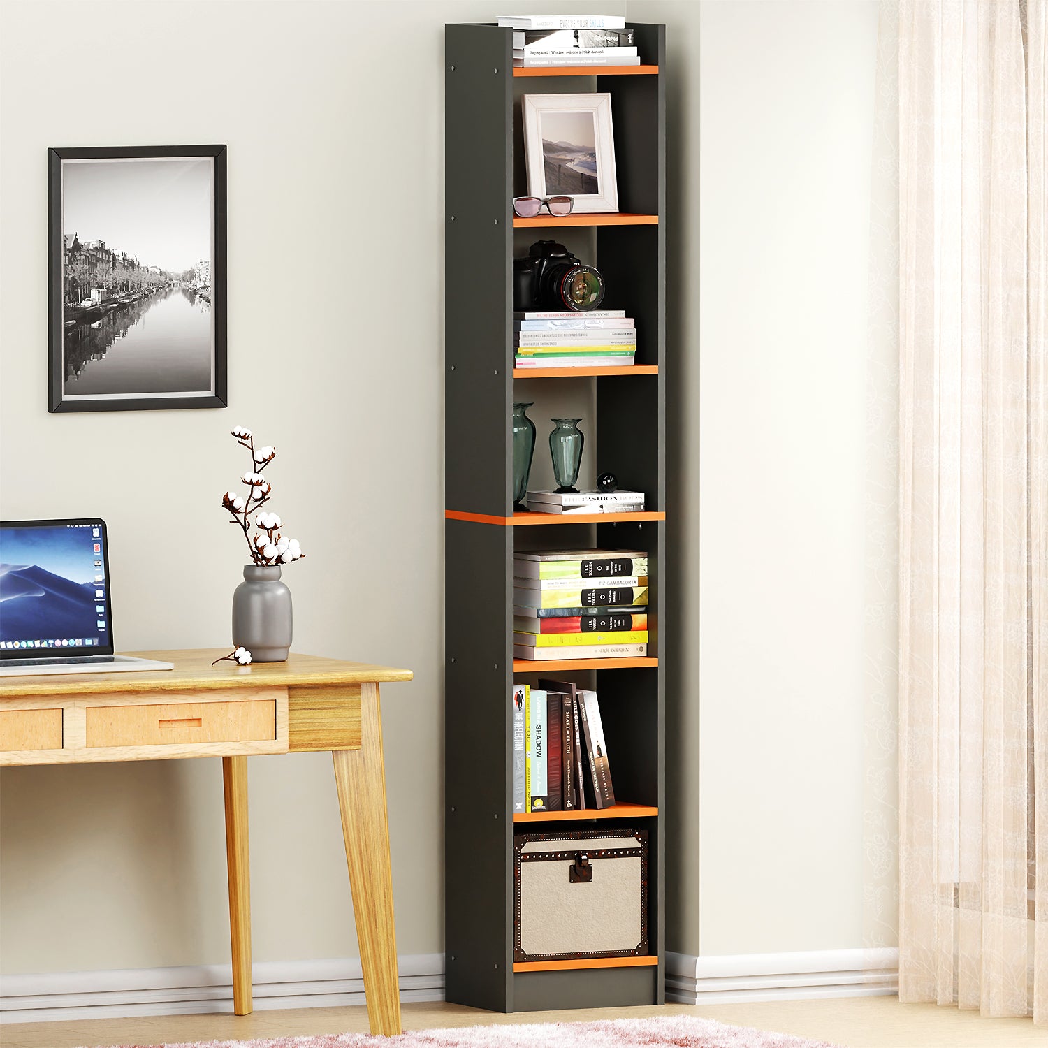 Lukzer 6-Layer Open Bookshelf &amp; Display Rack – Engineered Wood, White, Wenge, Oak, Brown, Light Oak, Lava, Mist, Charcoal, Ember (MR-005)
