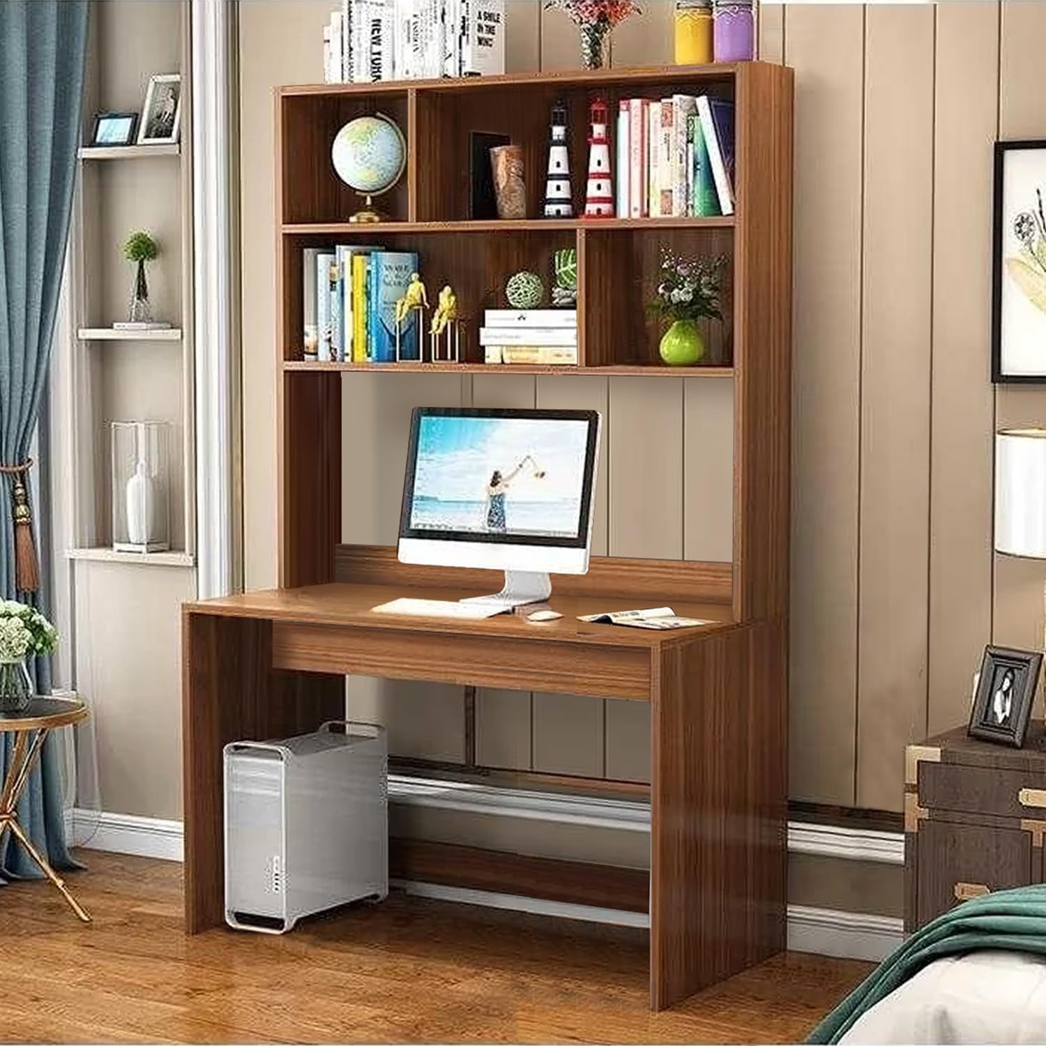Lukzer Home Office Computer Desk with Bookshelf – ST-008 (Engineered Wood, Oak Brown/White/Wenge)