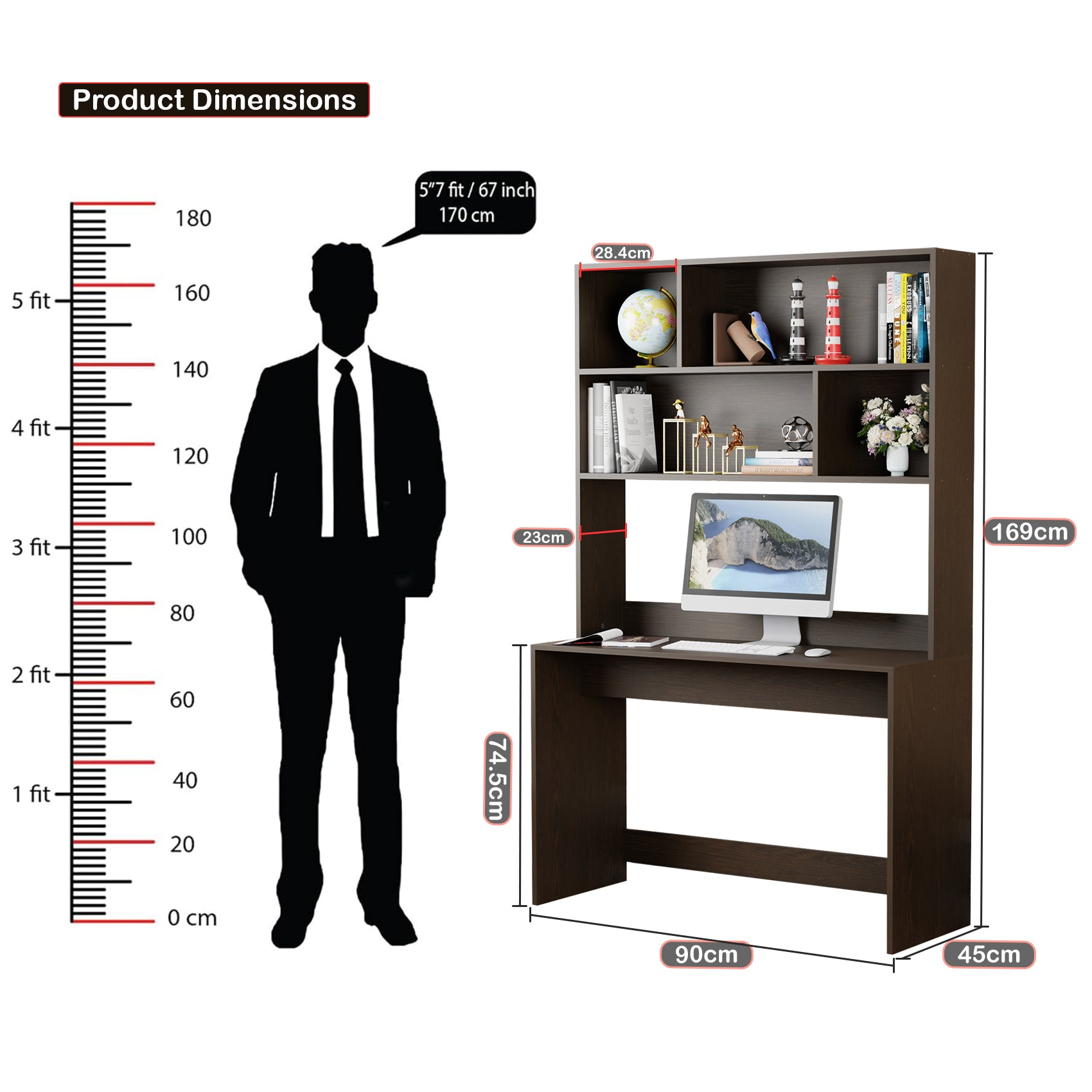Lukzer Home Office Computer Desk with Bookshelf – ST-008 (Engineered Wood, Oak Brown/White/Wenge)