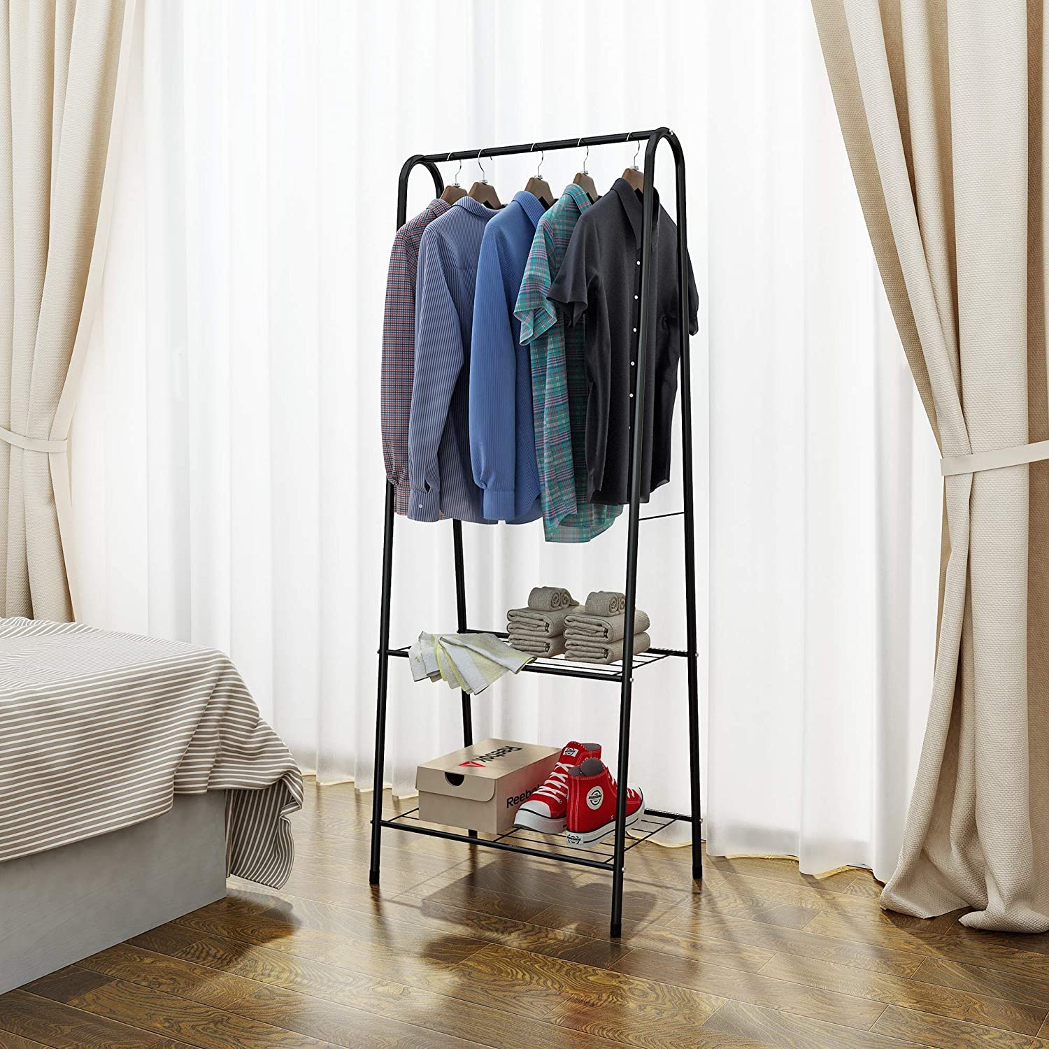 Lukzer Modern Metal Garment Rack with 2 Bottom Shelves – A-Shape - Frame Design (Black/White)