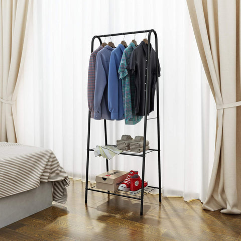 Lukzer Modern Metal Garment Rack with 2 Bottom Shelves – A-Shape - Frame Design (Black/White)