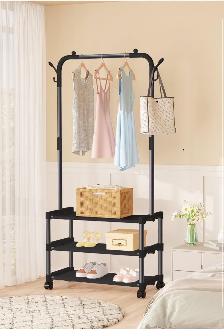 Lukzer Metal Garment Stand with 2 &amp; 3 Bottom Shelves – Durable Clothing Organizer (Black/White)