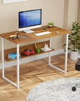 Lukzer STM-004 Sturdy Computer Desk – Metal Frame, Engineered Wood Top (White/Oak Brown, Black/White)