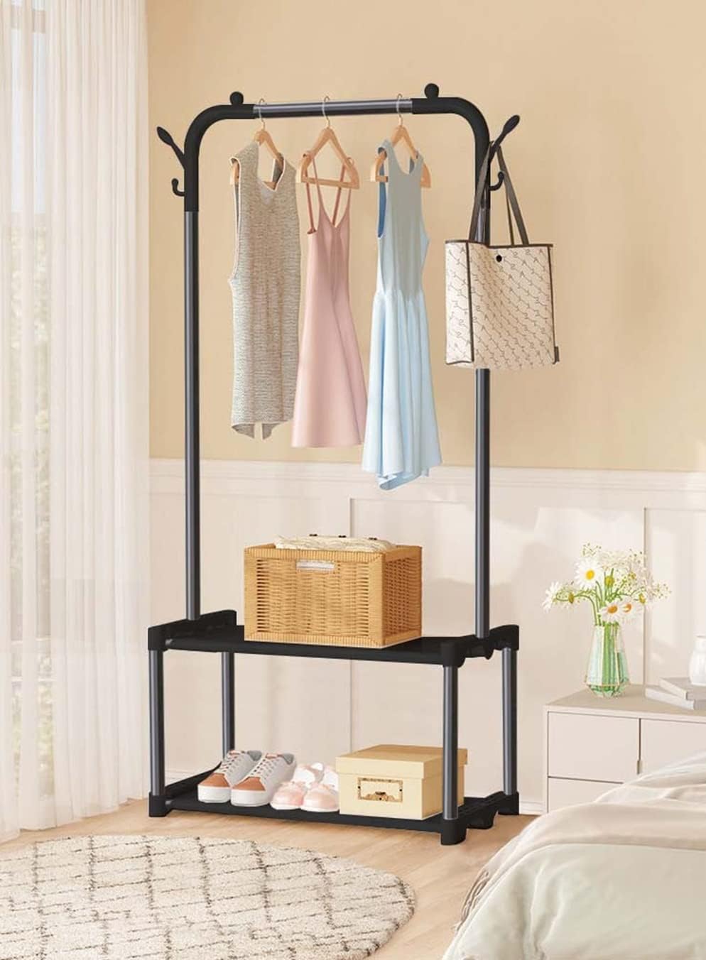 Lukzer Metal Garment Stand with 2 &amp; 3 Bottom Shelves – Durable Clothing Organizer (Black/White)