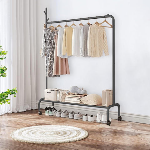 Lukzer Single Pole Garment Stand – 120cm with Bottom Shelf (Black/Gold/White)