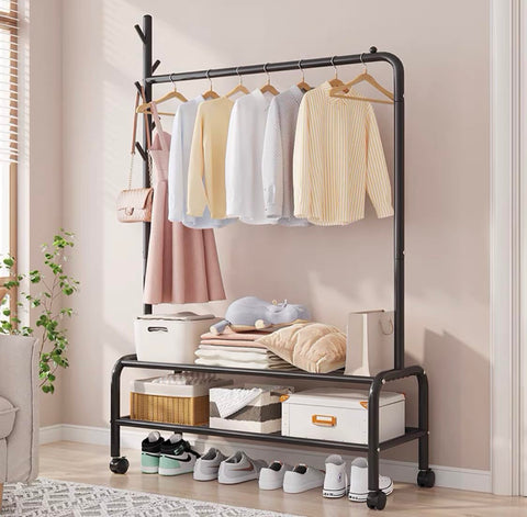 Lukzer 2-Bottom Shelf Garment Stand – Single Pole, 120cm (Gold/Black/White)
