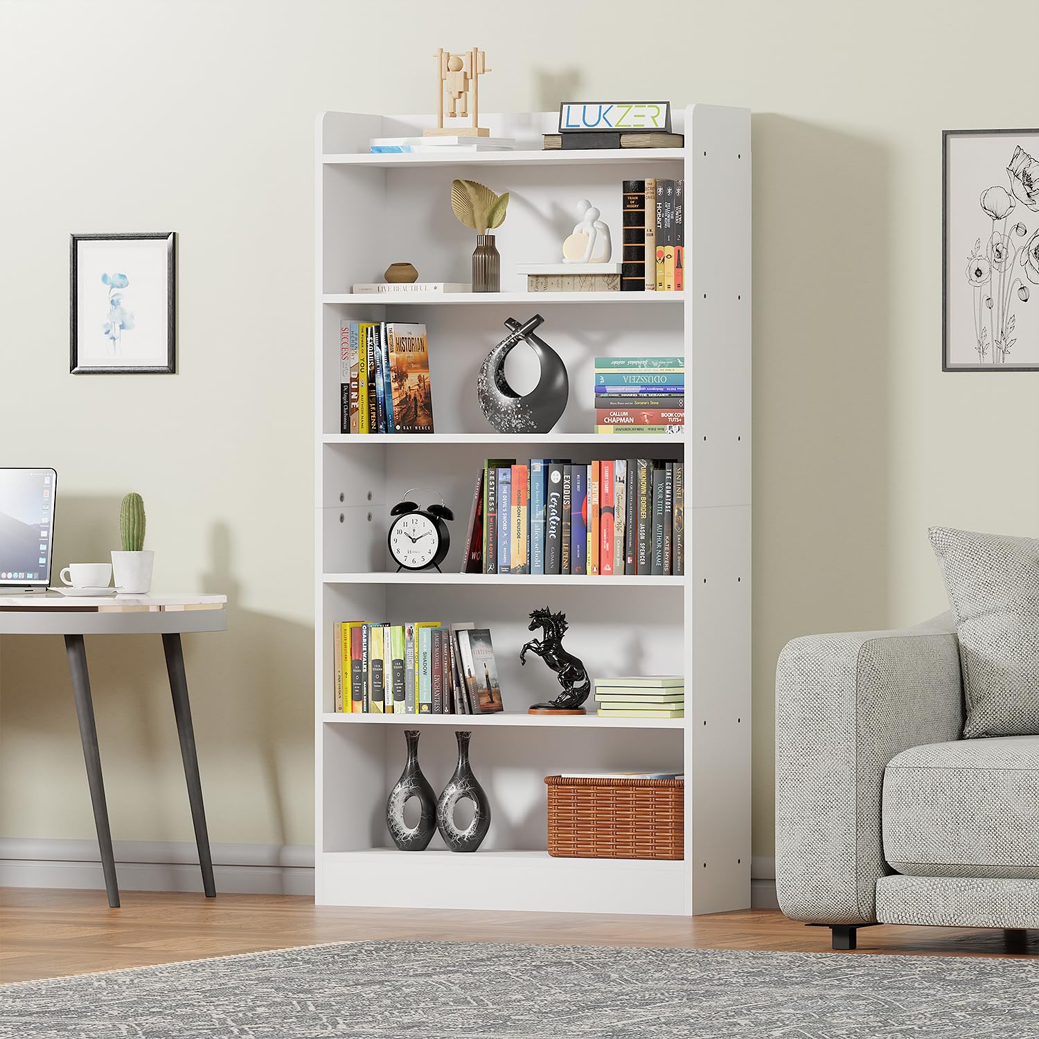 Lukzer 6-Layer Engineered Wood Bookshelf &amp; Open Display Rack – Multi-Purpose Organizer (White, Light Oak &amp; Oak Brown) | MR-007, 136x24x71cm
