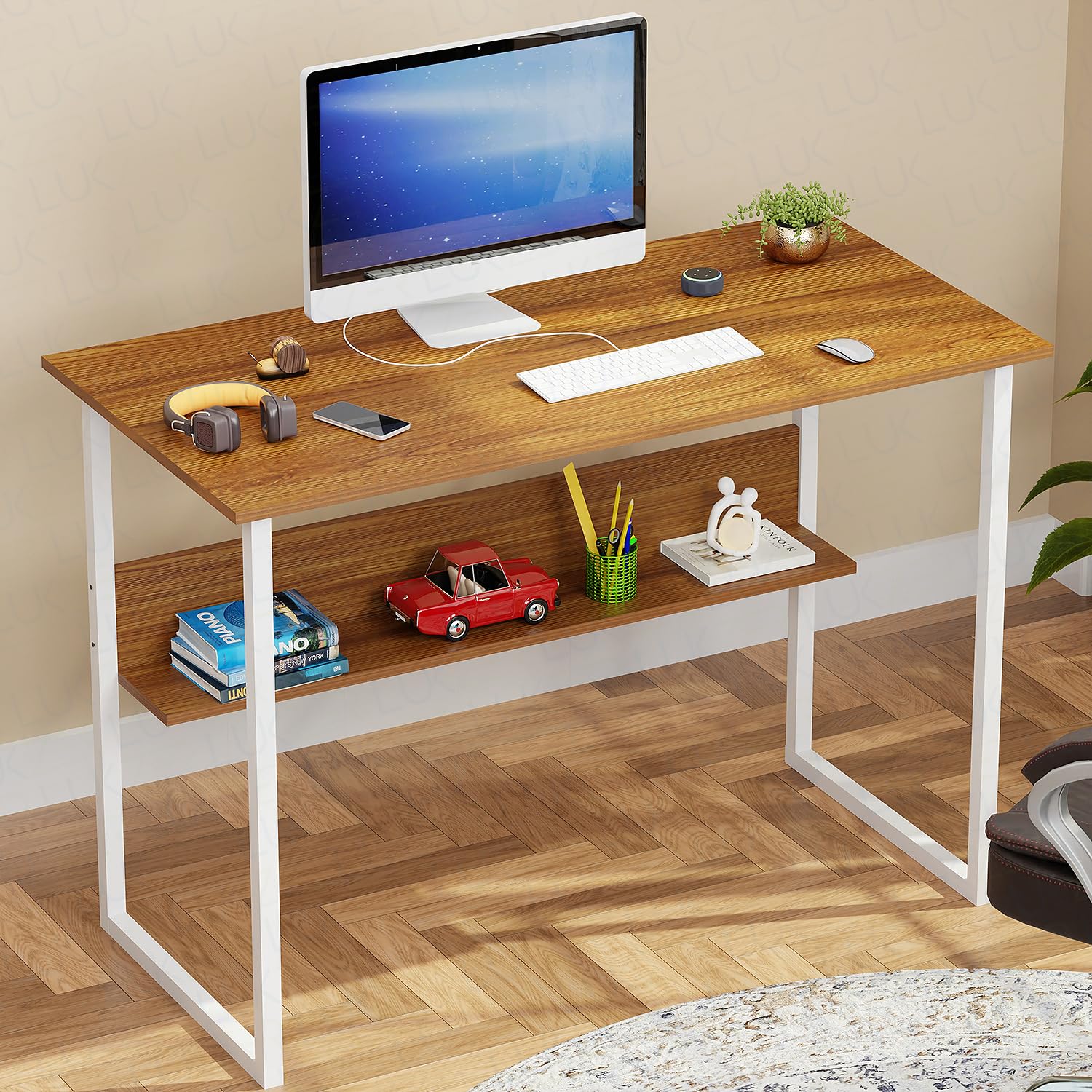 Lukzer Metal Frame Computer Desk – Engineered Wood Top (White Frame/Oak Brown Board, Black Frame/White Board) (Model: STM-005)