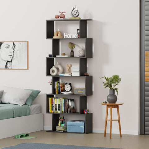 Lukzer S-Shaped 6-Tier Bookshelf – Decorative & Storage Rack (Light Oak, Wenge, White, Black) (MR-002)