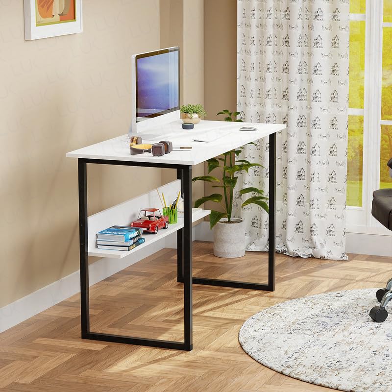 Lukzer STM-004 Sturdy Computer Desk – Metal Frame, Engineered Wood Top (White/Oak Brown, Black/White)