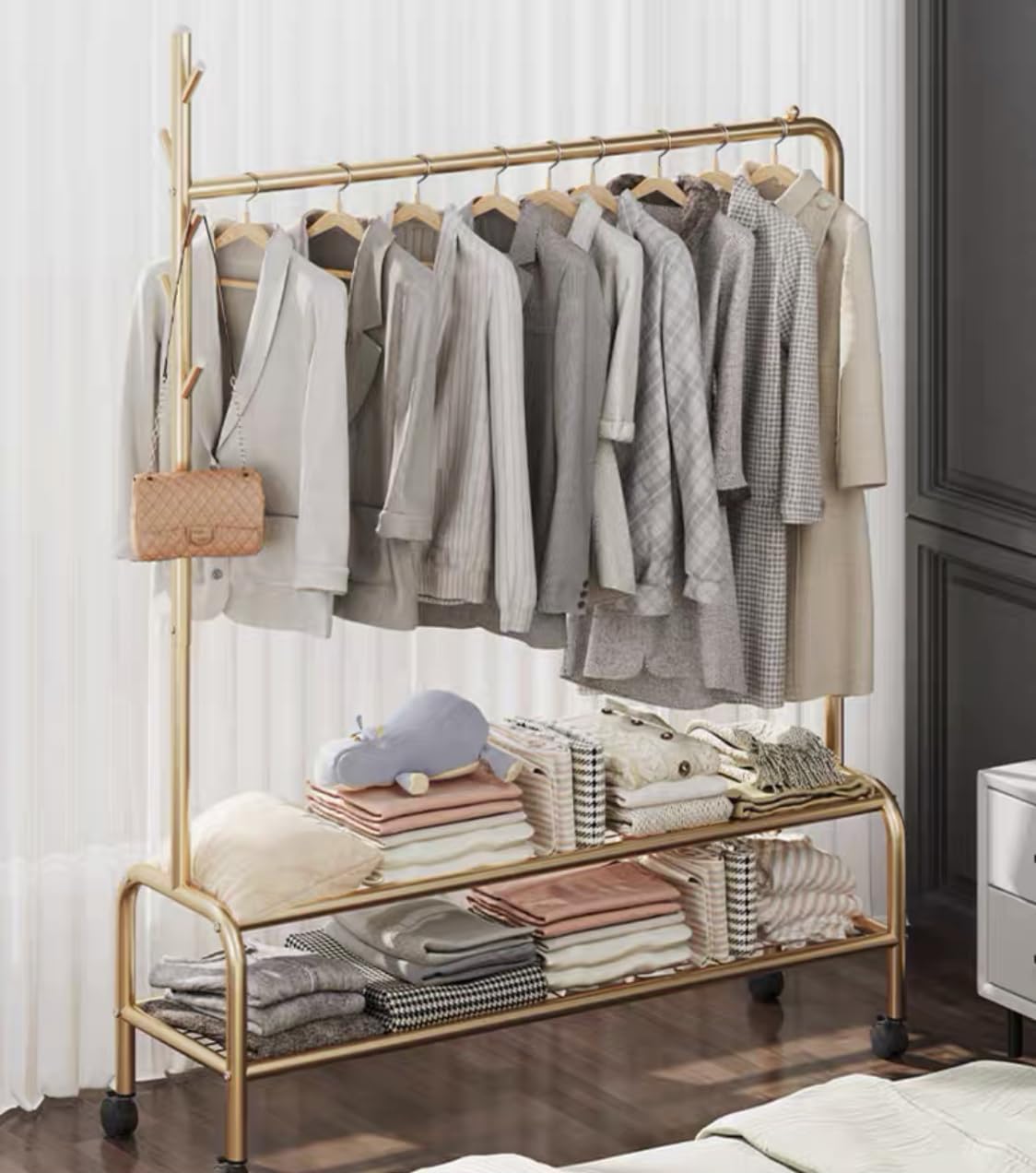 Lukzer 2-Bottom Shelf Garment Stand – Single Pole, 120cm (Gold/Black/White)