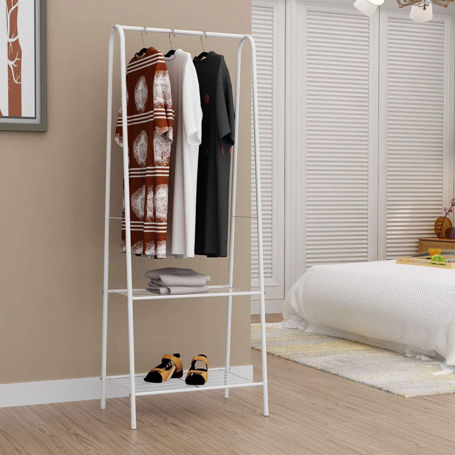 Lukzer Modern Metal Garment Rack with 2 Bottom Shelves – A-Shape - Frame Design (Black/White)