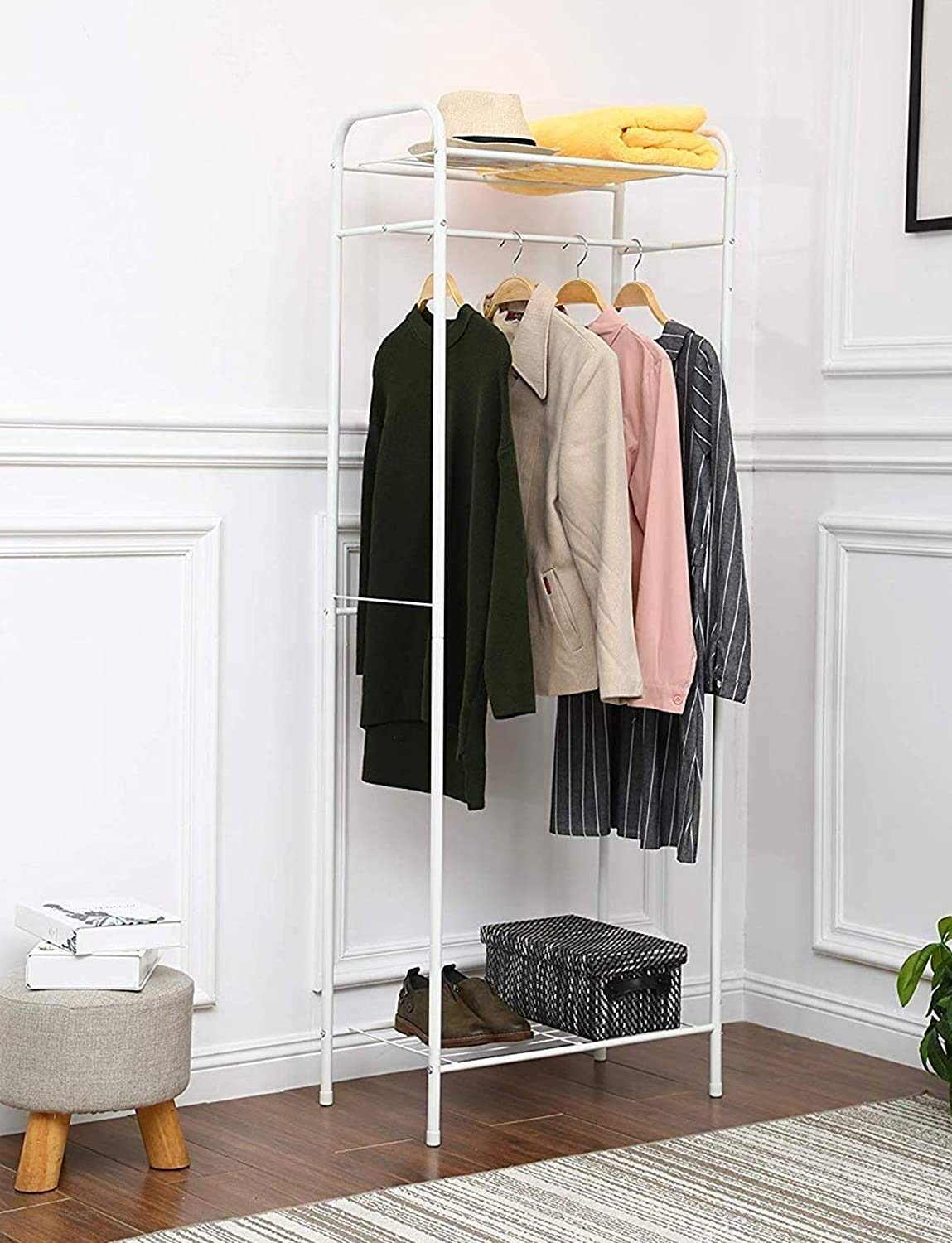 Lukzer Space-Saving Garment Stand with Shelves – Durable Metal Frame (Black/White, 163x60x35cm)