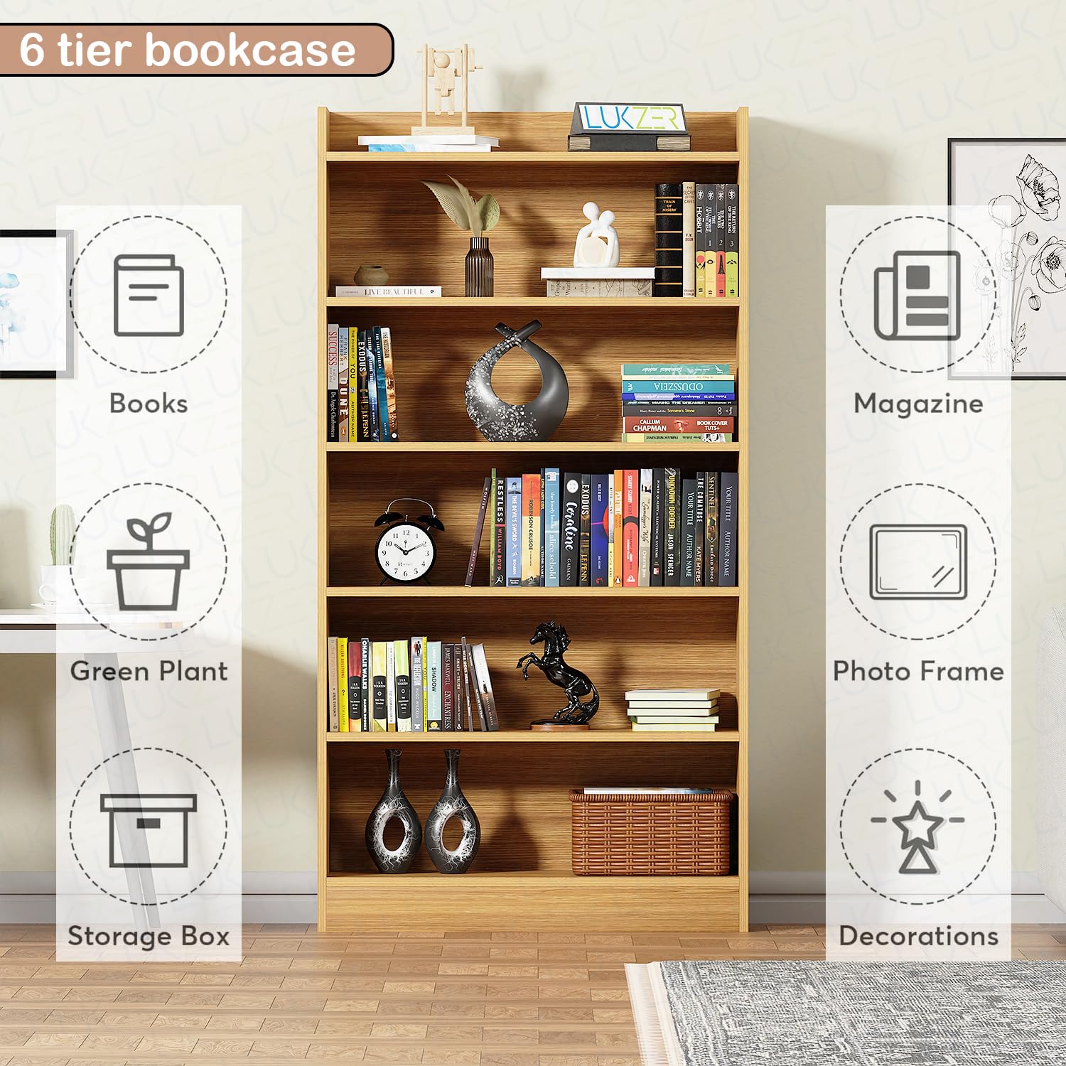 Lukzer 6-Layer Engineered Wood Bookshelf &amp; Open Display Rack – Multi-Purpose Organizer (White, Light Oak &amp; Oak Brown) | MR-007, 136x24x71cm