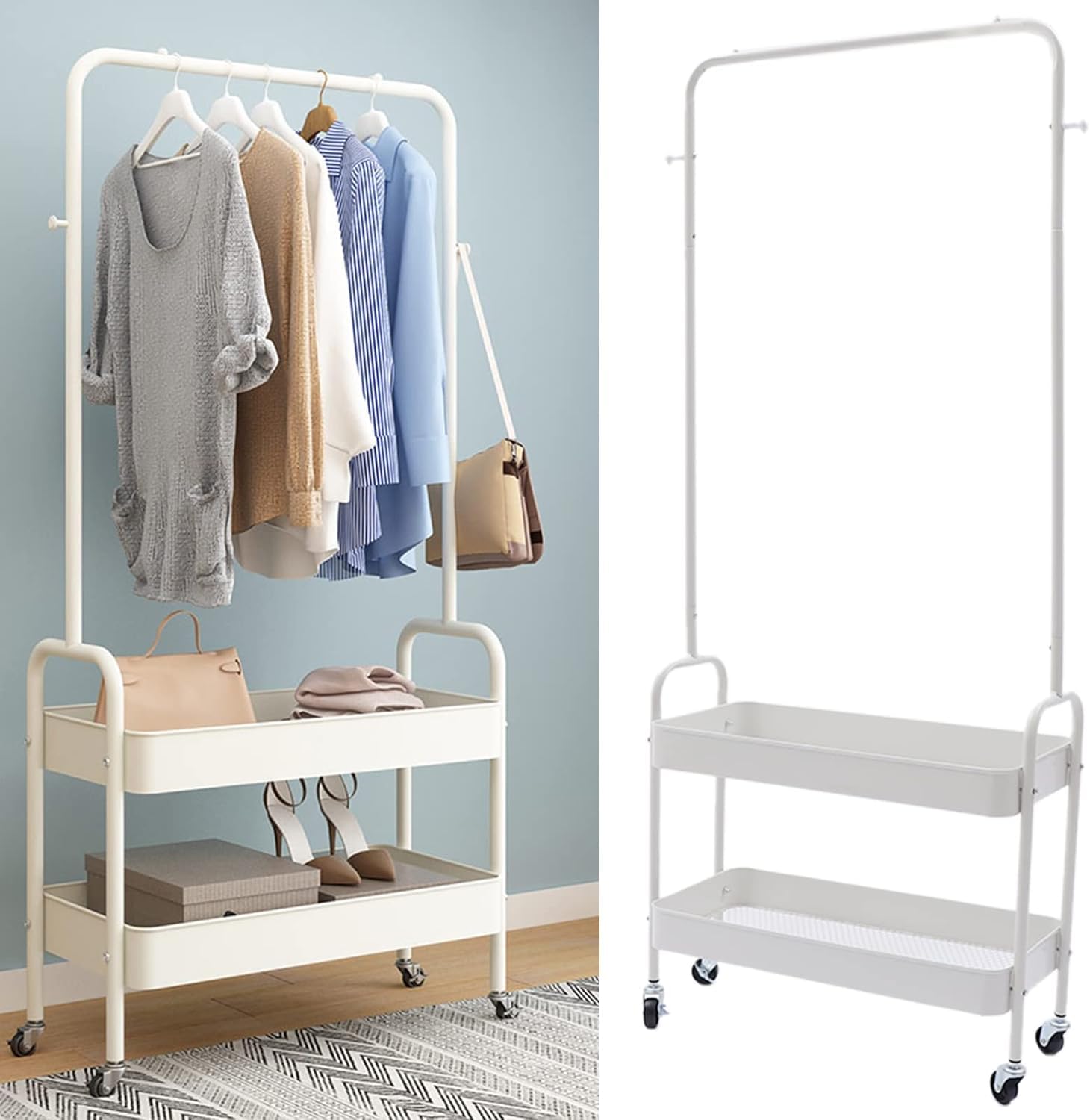 Lukzer 2-in-1 Portable Garment Rack with Wheels &amp; 2-Tier Metal Baskets (Black/White, 32x66x156cm)