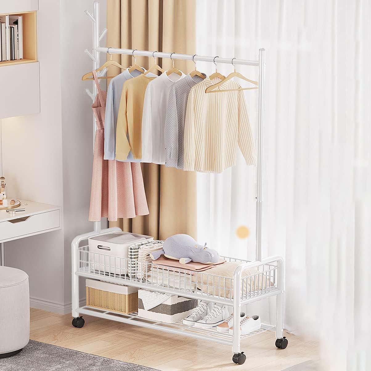 Lukzer Sturdy Garment Stand – 2 Bottom Shelves, Mesh Design, 120cm (Gold/White)