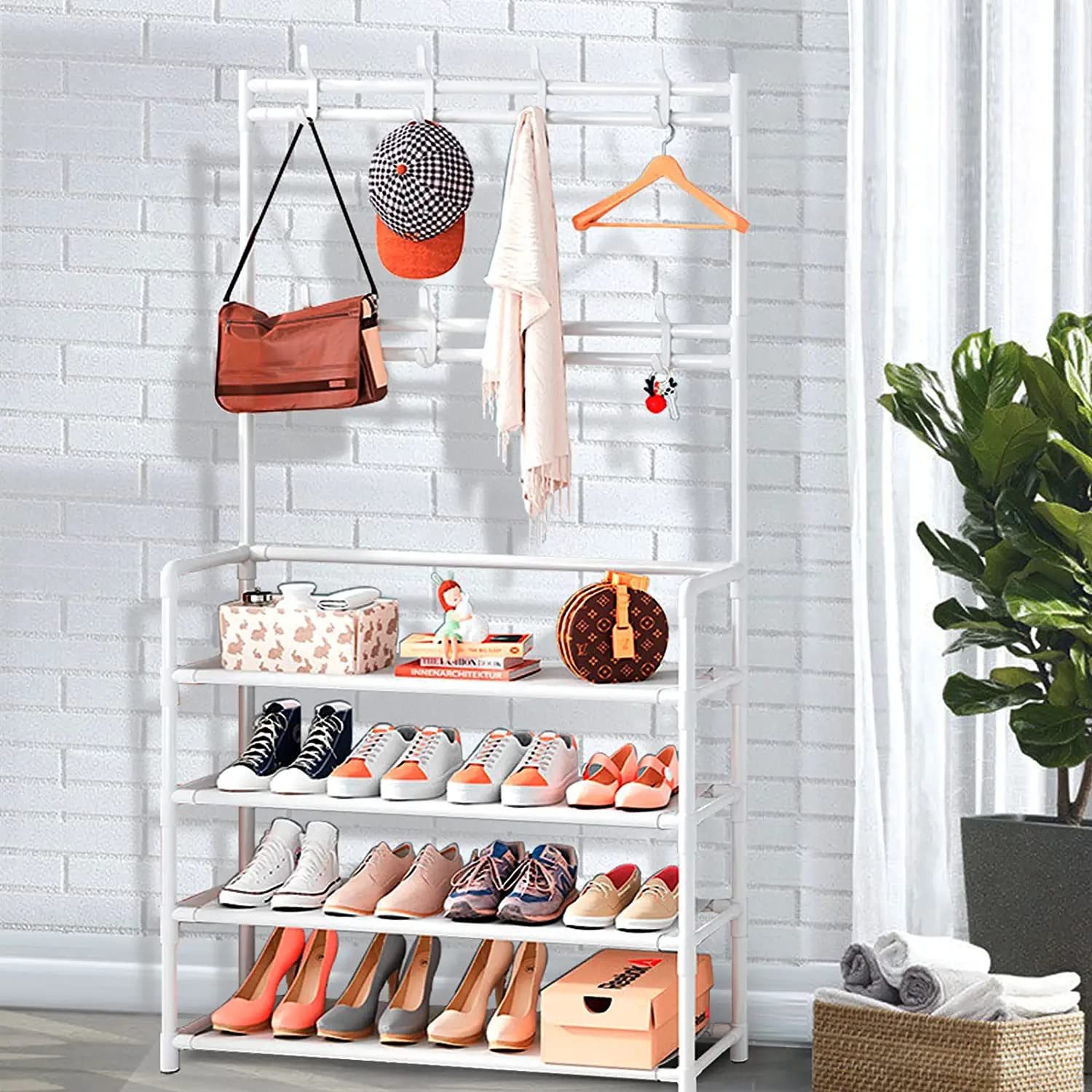 Lukzer Space-Saving Metal Garment Stand with 8 Hangers &amp; 5-Tier Storage – Black/White (170x80x26cm)