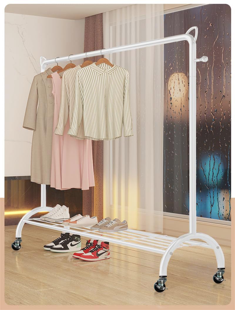 Lukzer Multi-Functional Cloth Rack Stand with Bottom Shelves &amp; Wheels – Cat Ear Design (148x120x38cm, Black/Gold/White)