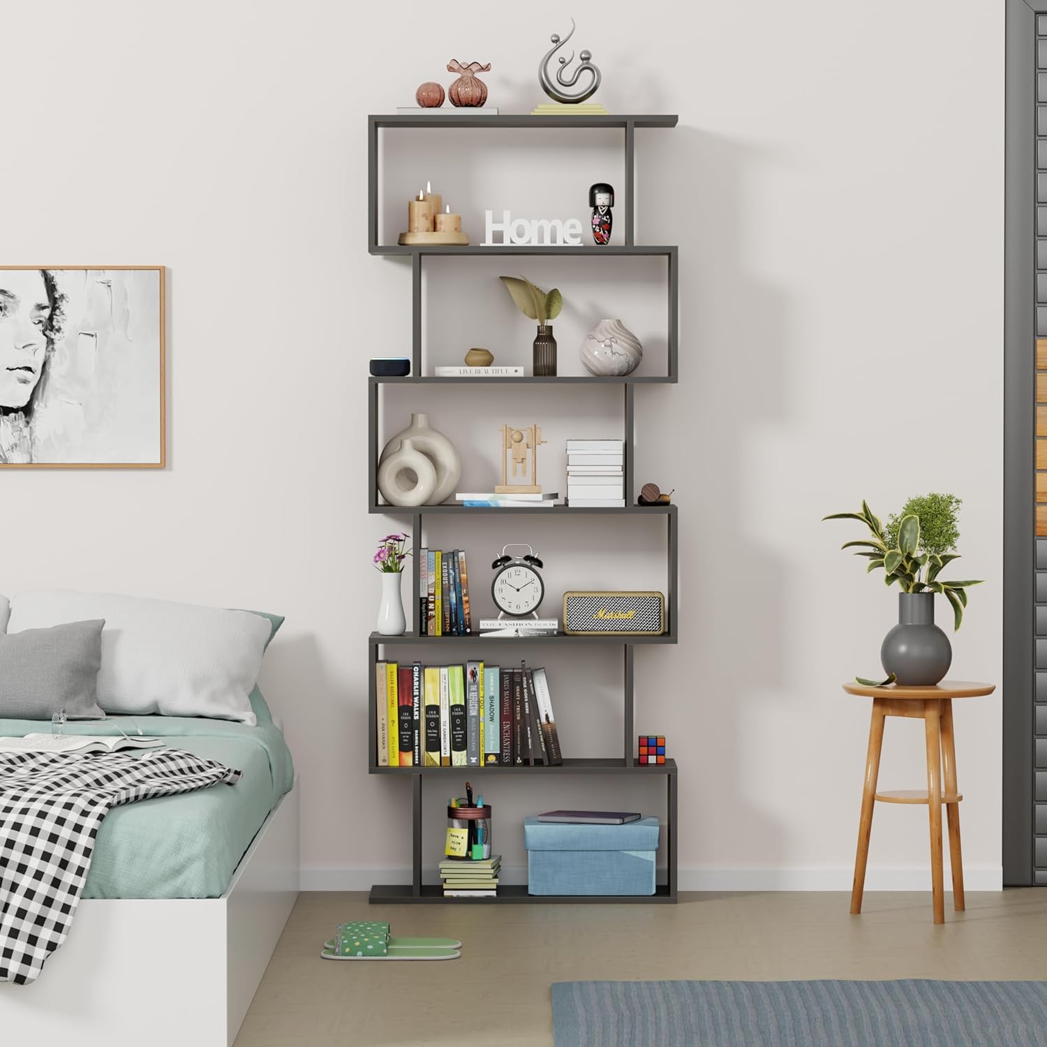 Lukzer S-Shaped 6-Tier Bookshelf – Decorative &amp; Storage Rack (Light Oak, Wenge, White, Black) (MR-002)