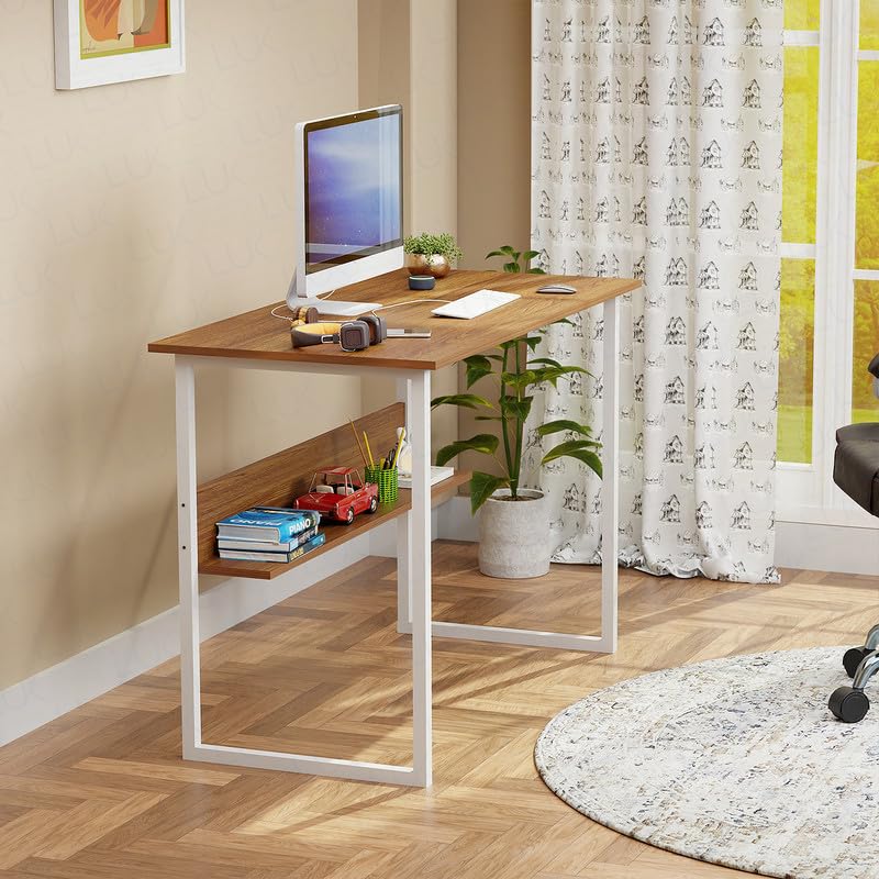 Lukzer Metal Frame Computer Desk – Engineered Wood Top (White Frame/Oak Brown Board, Black Frame/White Board) (Model: STM-005)