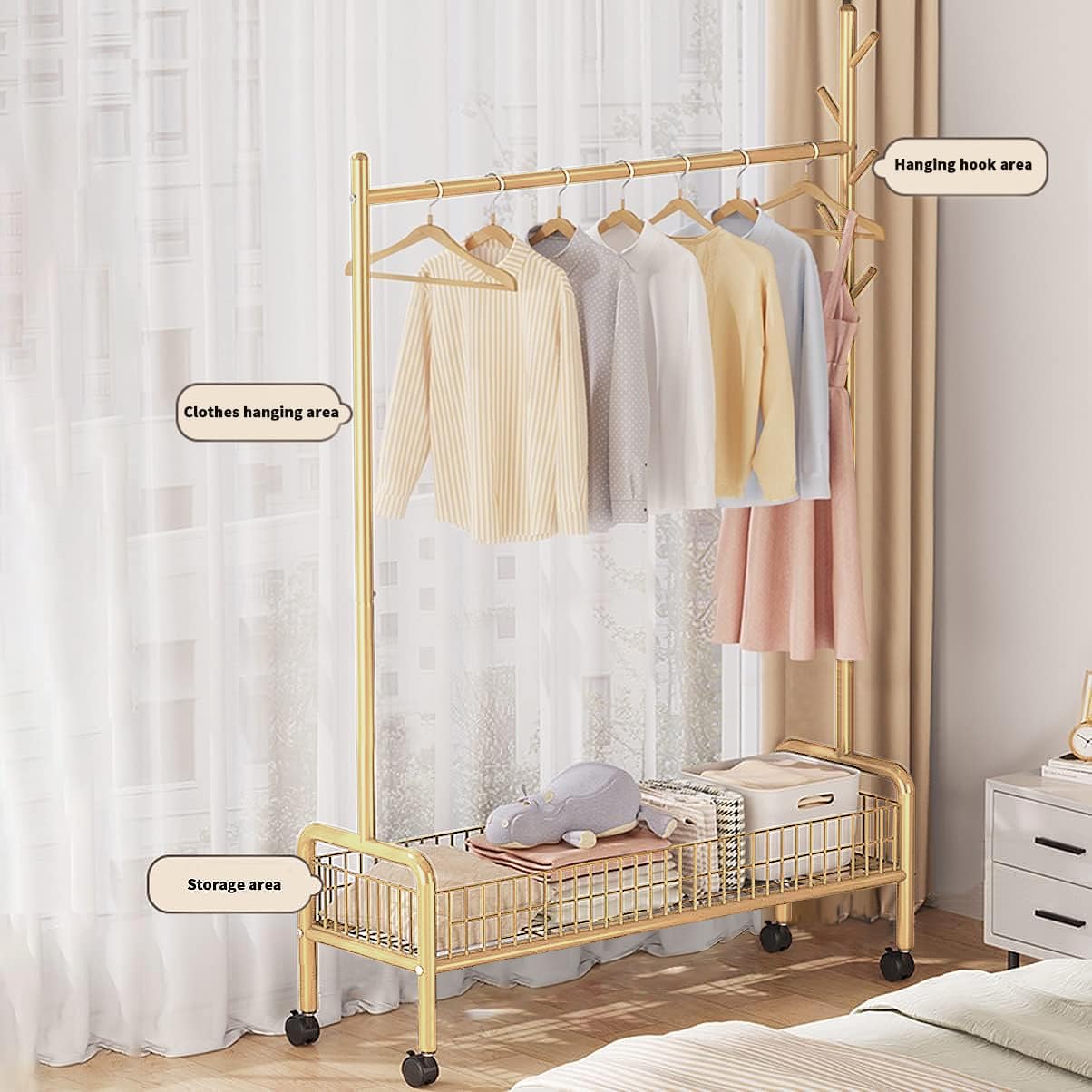 Lukzer Compact Garment Stand – 90cm, Mesh Design, Bottom Shelf (White/Gold/Black)