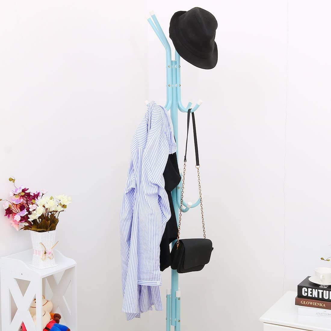 Lukzer 8-Hook Freestanding Metal Coat Stand – Stylish &amp; Durable (Blue/White/Black, 170x42cm
