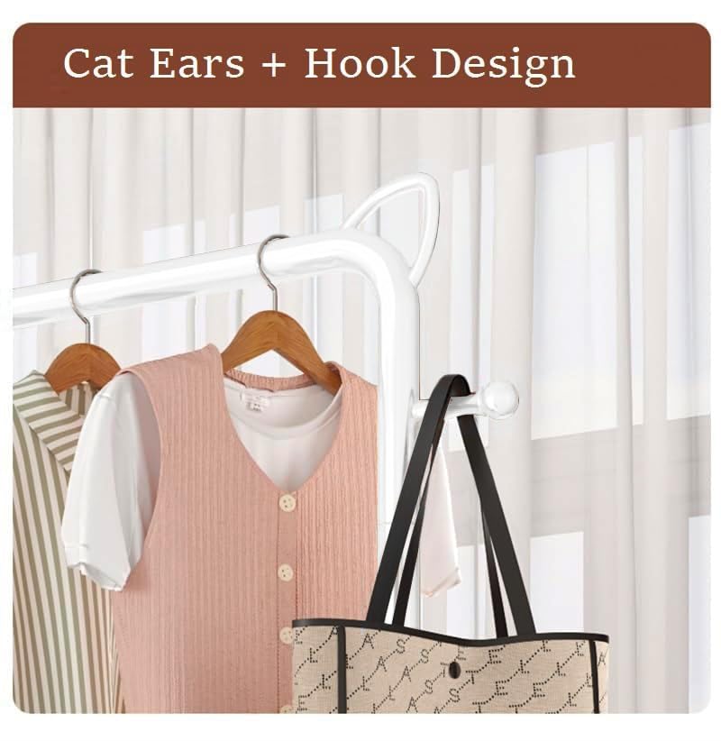 Lukzer Multi-Functional Cloth Rack Stand with Bottom Shelves &amp; Wheels – Cat Ear Design (148x120x38cm, Black/Gold/White)