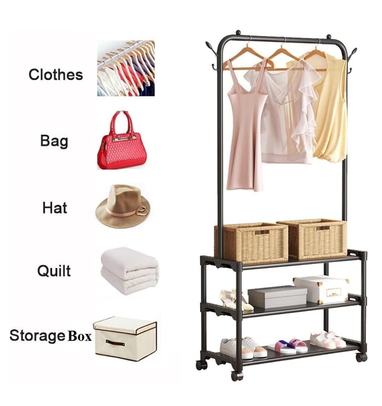 Lukzer Metal Garment Stand with 2 &amp; 3 Bottom Shelves – Durable Clothing Organizer (Black/White)