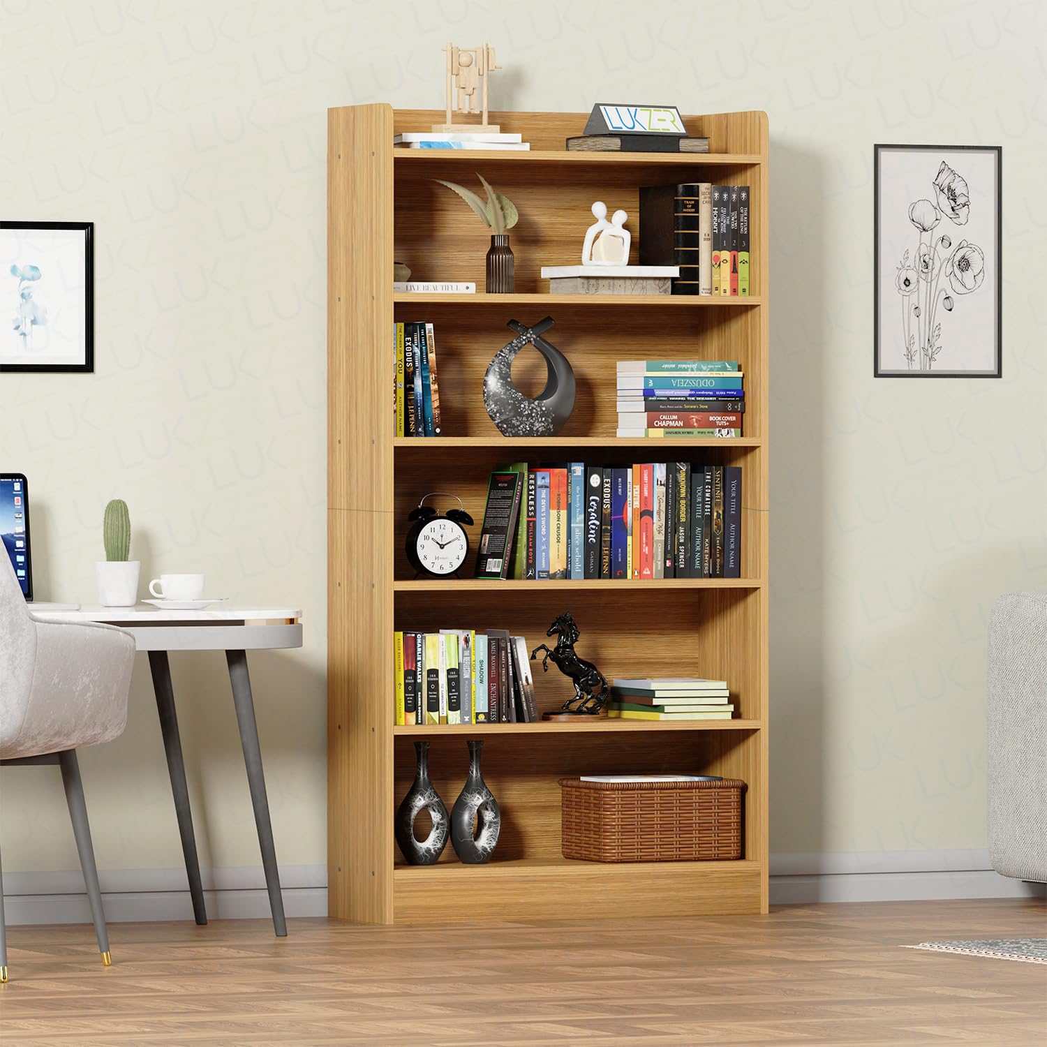 Lukzer 6-Layer Engineered Wood Bookshelf &amp; Open Display Rack – Multi-Purpose Organizer (White, Light Oak &amp; Oak Brown) | MR-007, 136x24x71cm