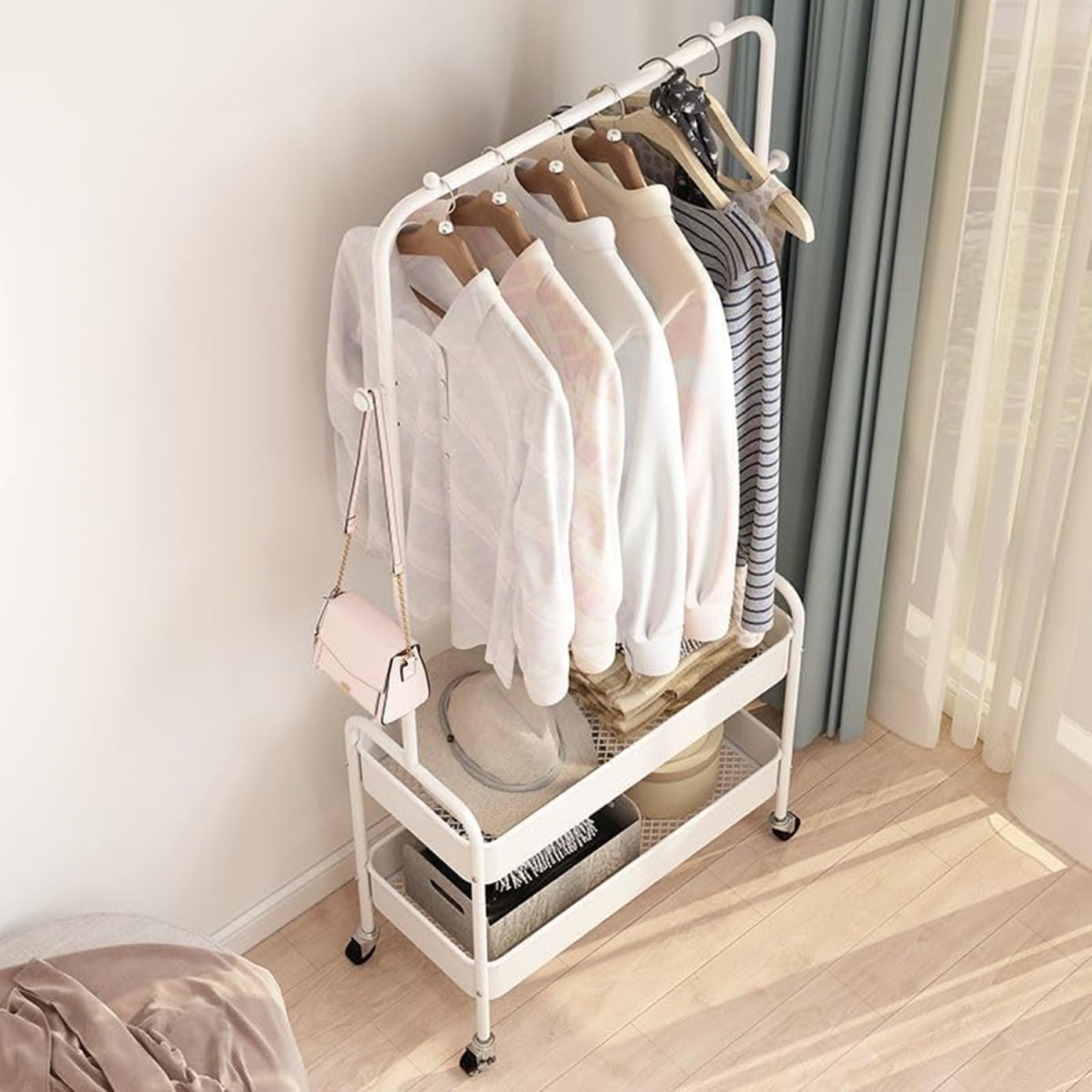 Lukzer 2-in-1 Portable Garment Rack with Wheels &amp; 2-Tier Metal Baskets (Black/White, 32x66x156cm)