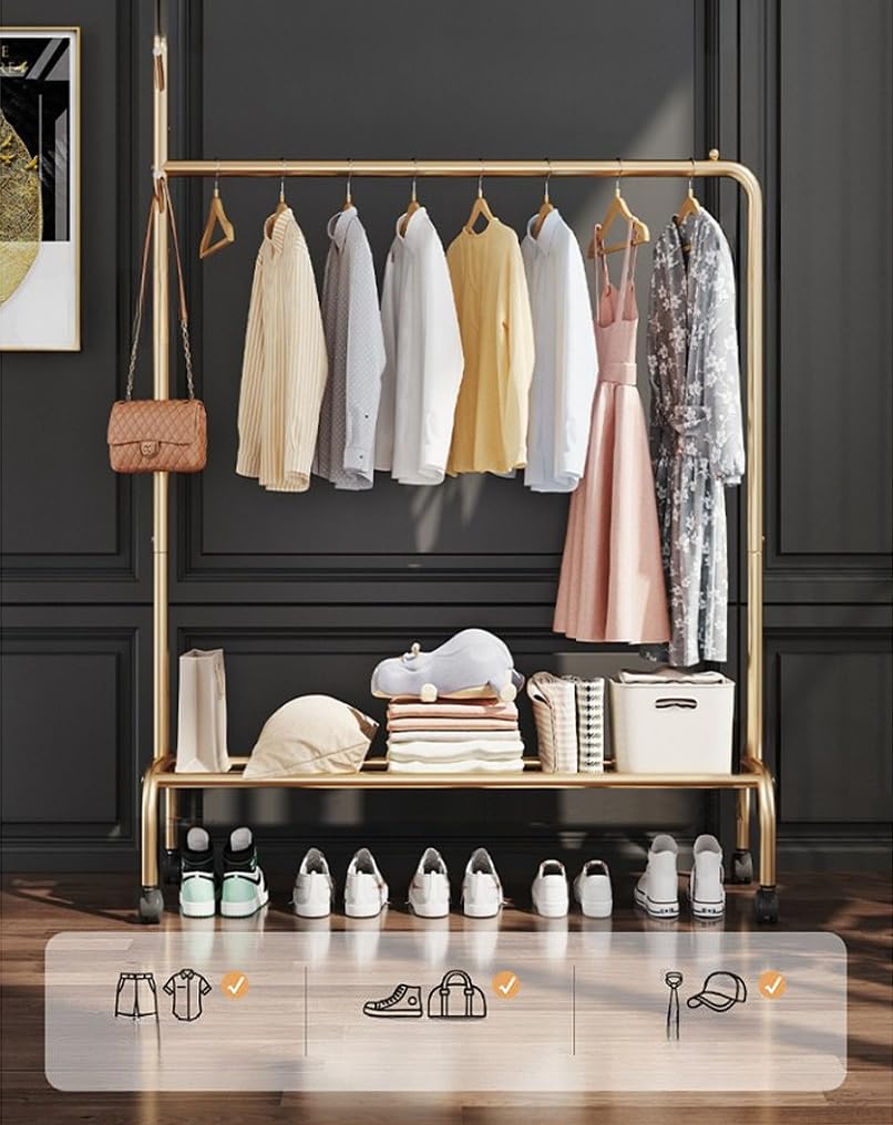 Lukzer Single Pole Garment Stand – 120cm with Bottom Shelf (Black/Gold/White)