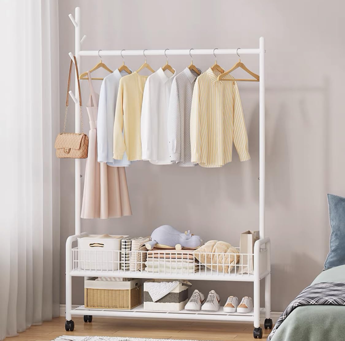 Lukzer 2-Bottom Shelf Garment Stand – Mesh Design, 90cm (Gold/Black/White)