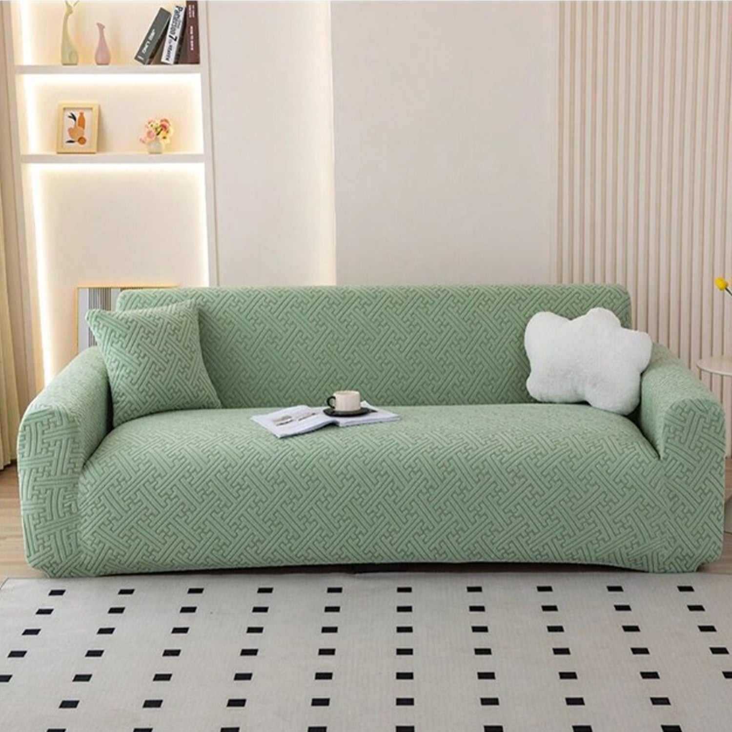 Jacquard Sofa Cover (Pastel Marine Blue Grid Maze)