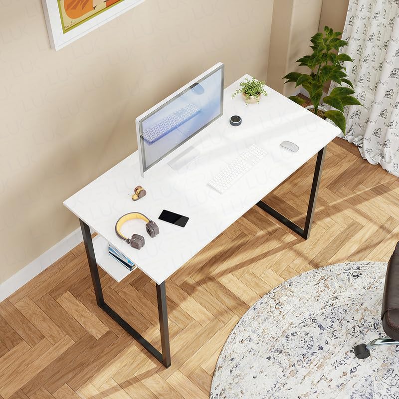 Lukzer STM-004 Sturdy Computer Desk – Metal Frame, Engineered Wood Top (White/Oak Brown, Black/White)