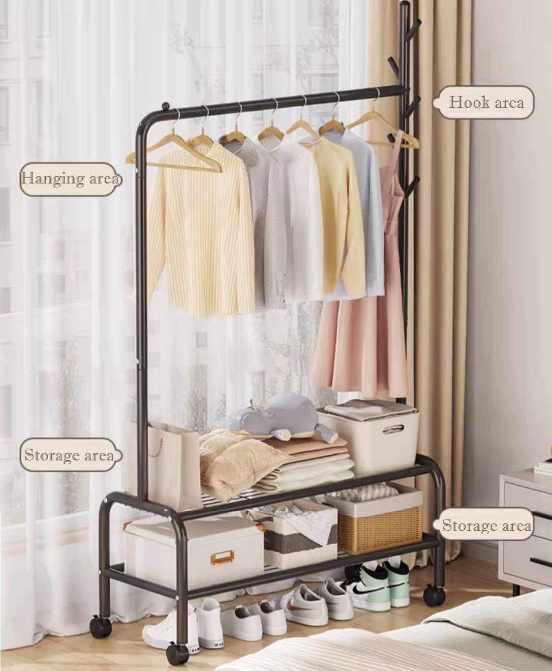 Lukzer 2-Bottom Shelf Garment Stand – Single Pole, 120cm (Gold/Black/White)