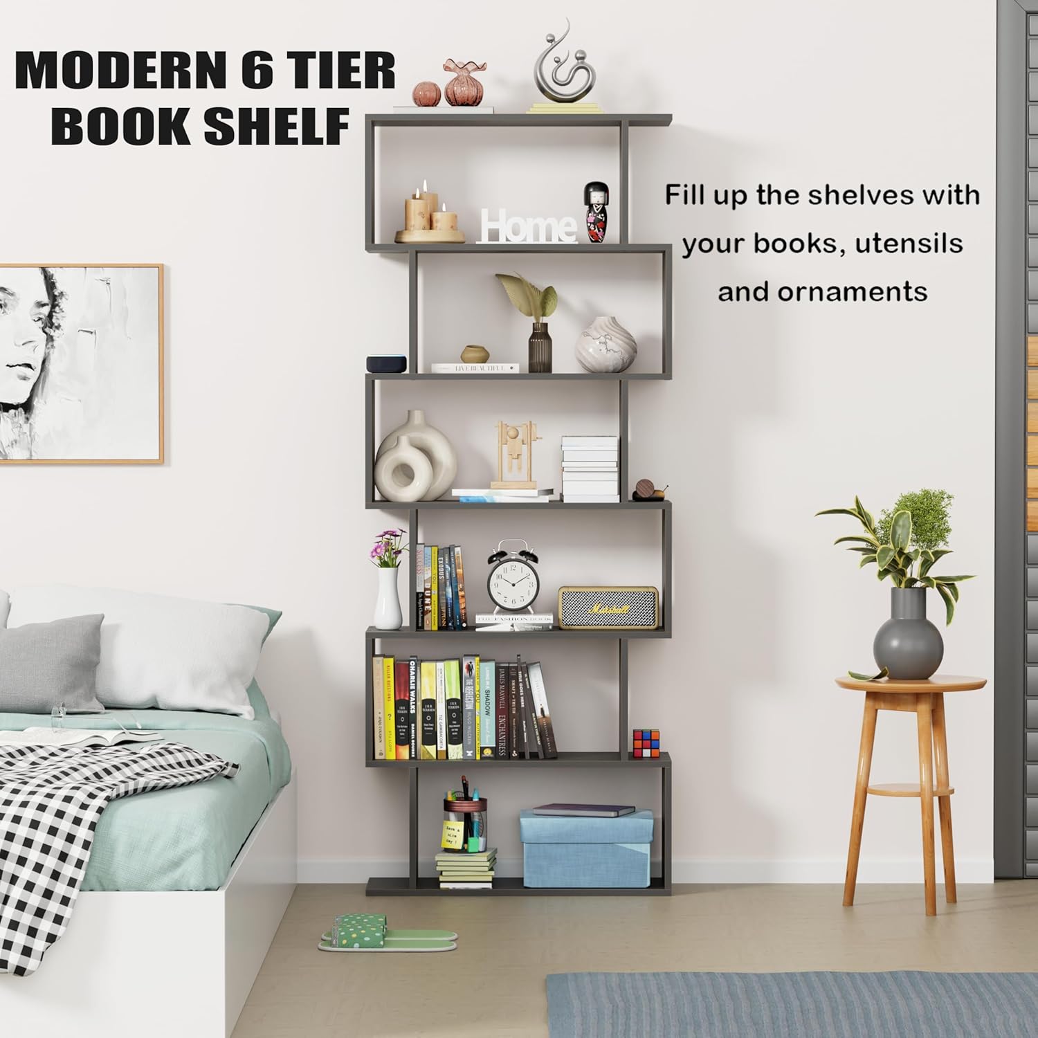 Lukzer S-Shaped 6-Tier Bookshelf – Decorative &amp; Storage Rack (Light Oak, Wenge, White, Black) (MR-002)