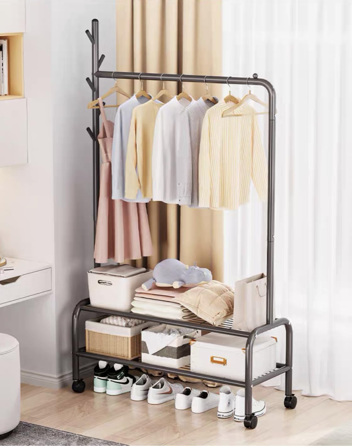 Lukzer 2-Bottom Shelf Garment Stand – Single Pole, 120cm (Gold/Black/White)