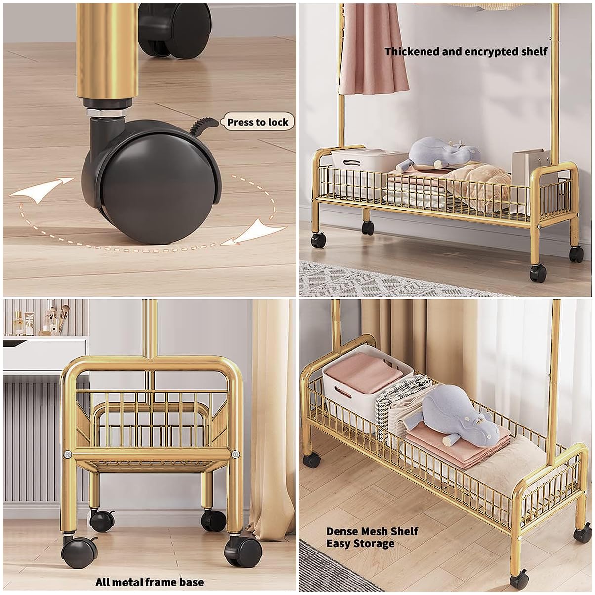 Lukzer Compact Garment Stand – 90cm, Mesh Design, Bottom Shelf (White/Gold/Black)