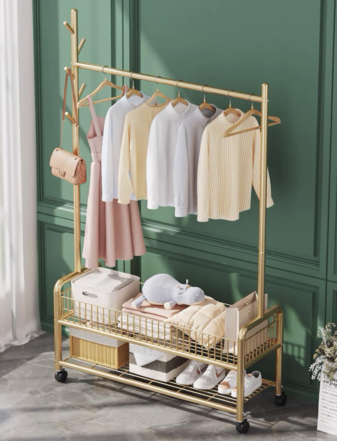 Lukzer 2-Bottom Shelf Garment Stand – Mesh Design, 90cm (Gold/Black/White)