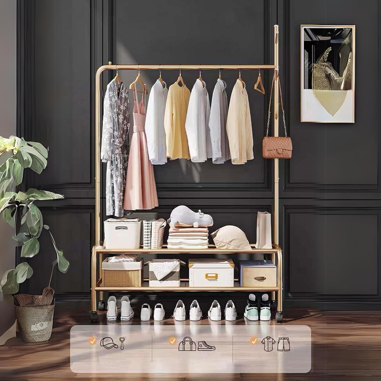 Lukzer 2-Bottom Shelf Garment Stand – Single Pole, 120cm (Gold/Black/White)