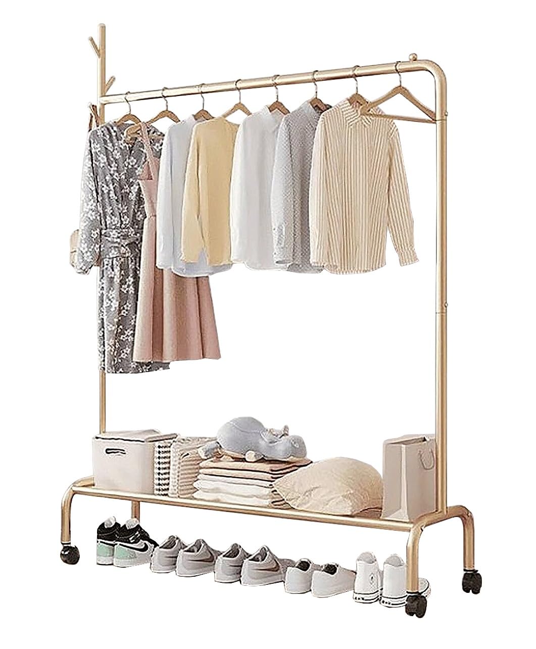 Lukzer Single Pole Garment Stand – 120cm with Bottom Shelf (Black/Gold/White)