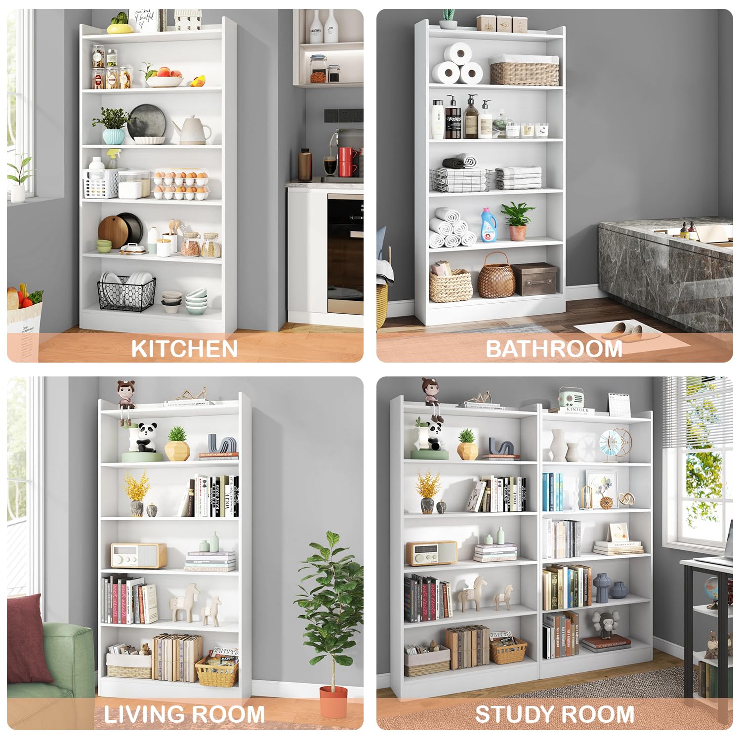 Lukzer 6-Layer Engineered Wood Bookshelf &amp; Open Display Rack – Multi-Purpose Organizer (White, Light Oak &amp; Oak Brown) | MR-007, 136x24x71cm