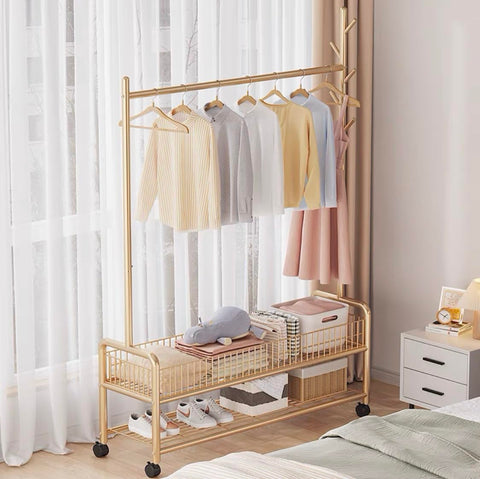 Lukzer Sturdy Garment Stand – 2 Bottom Shelves, Mesh Design, 120cm (Gold/White)