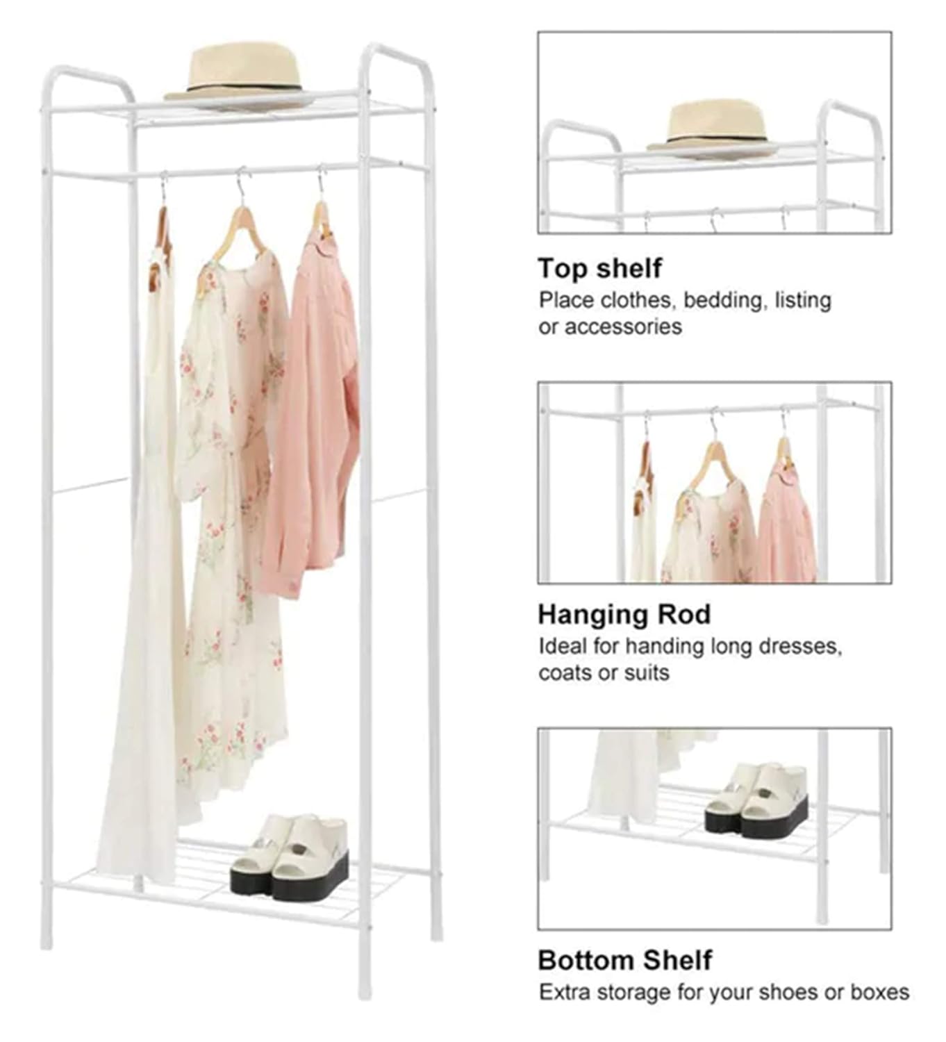 Lukzer Space-Saving Garment Stand with Shelves – Durable Metal Frame (Black/White, 163x60x35cm)