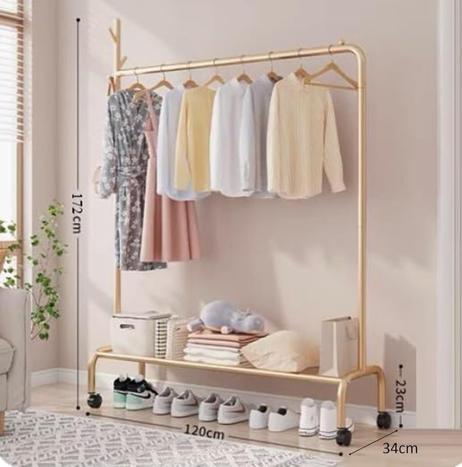 Lukzer Single Pole Garment Stand – 120cm with Bottom Shelf (Black/Gold/White)