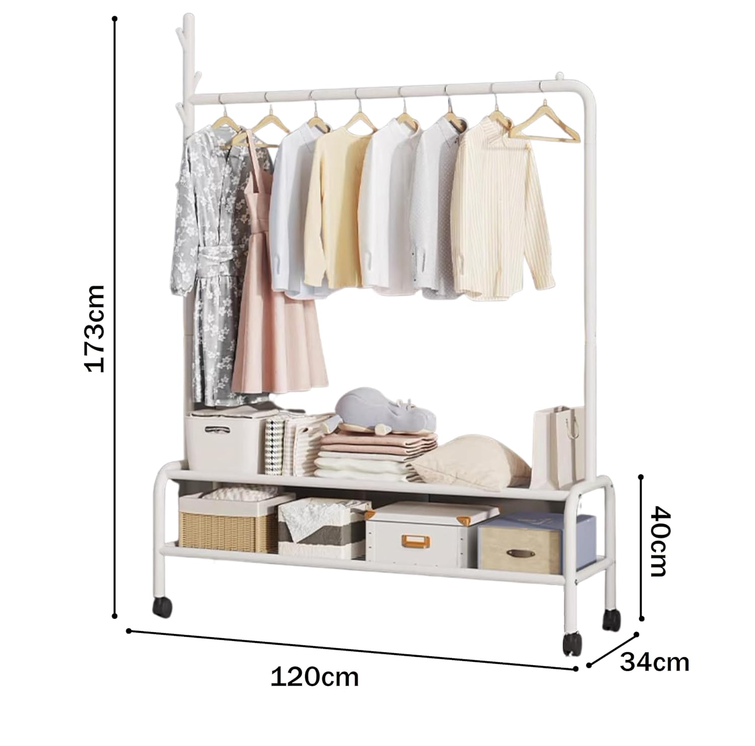 Lukzer 2-Bottom Shelf Garment Stand – Single Pole, 120cm (Gold/Black/White)