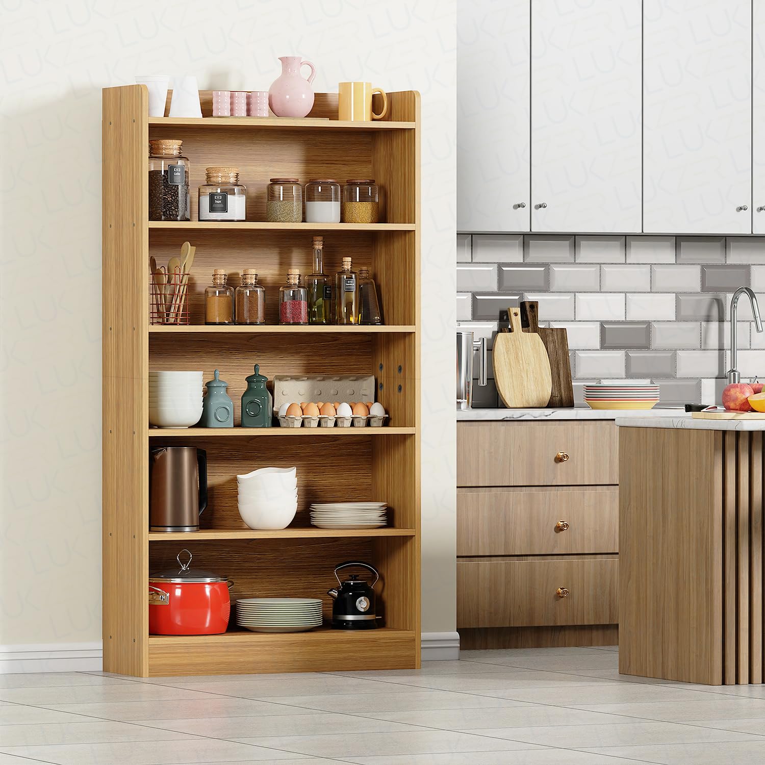 Lukzer 6-Layer Engineered Wood Bookshelf &amp; Open Display Rack – Multi-Purpose Organizer (White, Light Oak &amp; Oak Brown) | MR-007, 136x24x71cm