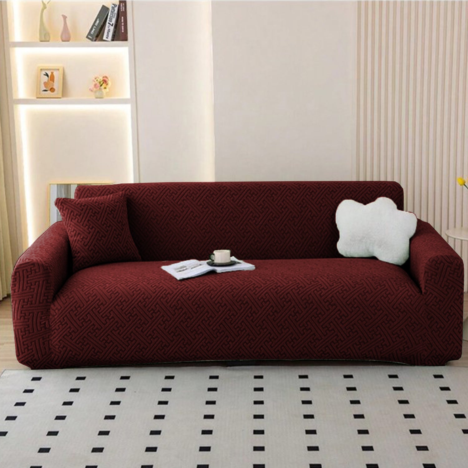 Jacquard Sofa Cover (Pastel Marine Blue Grid Maze)