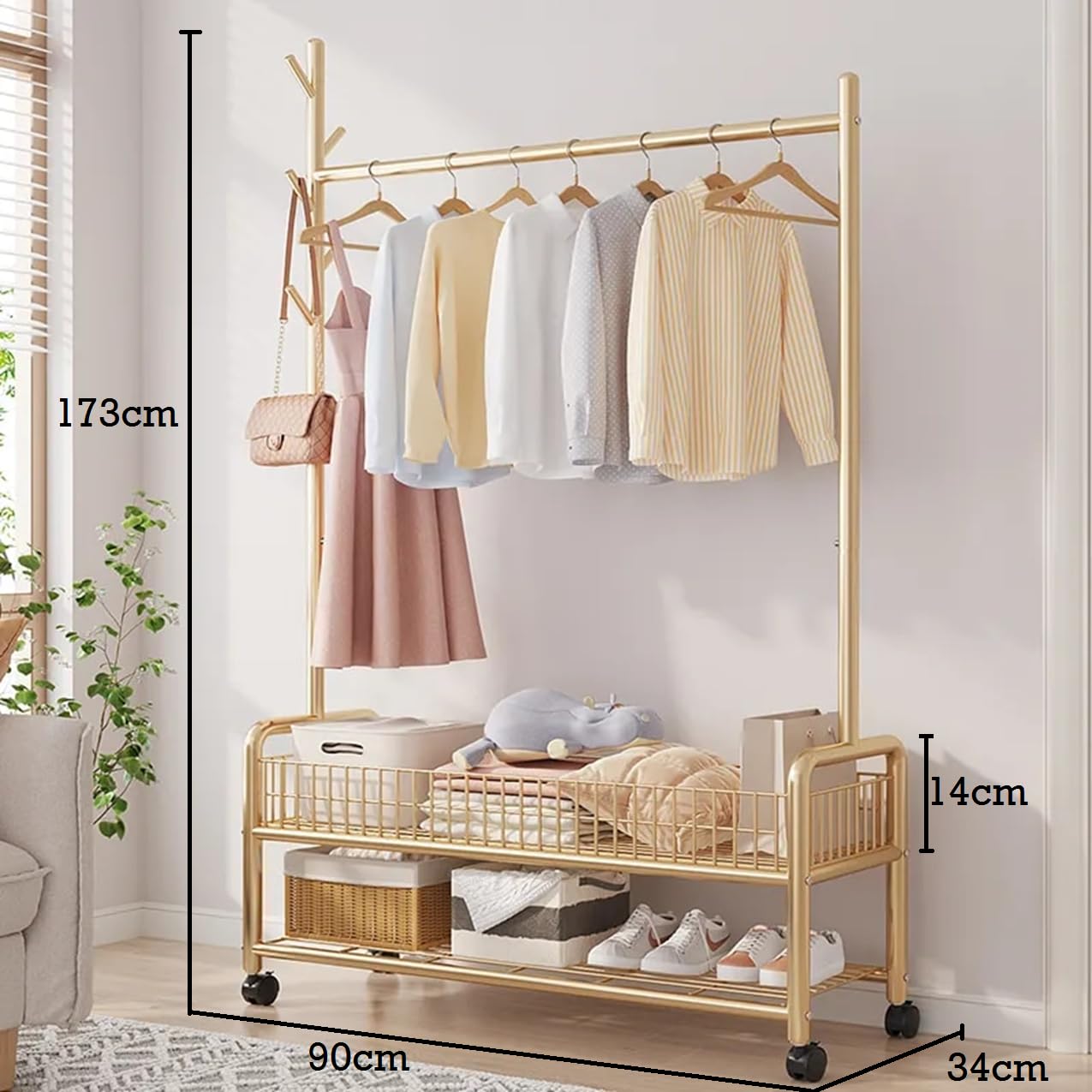 Lukzer 2-Bottom Shelf Garment Stand – Mesh Design, 90cm (Gold/Black/White)