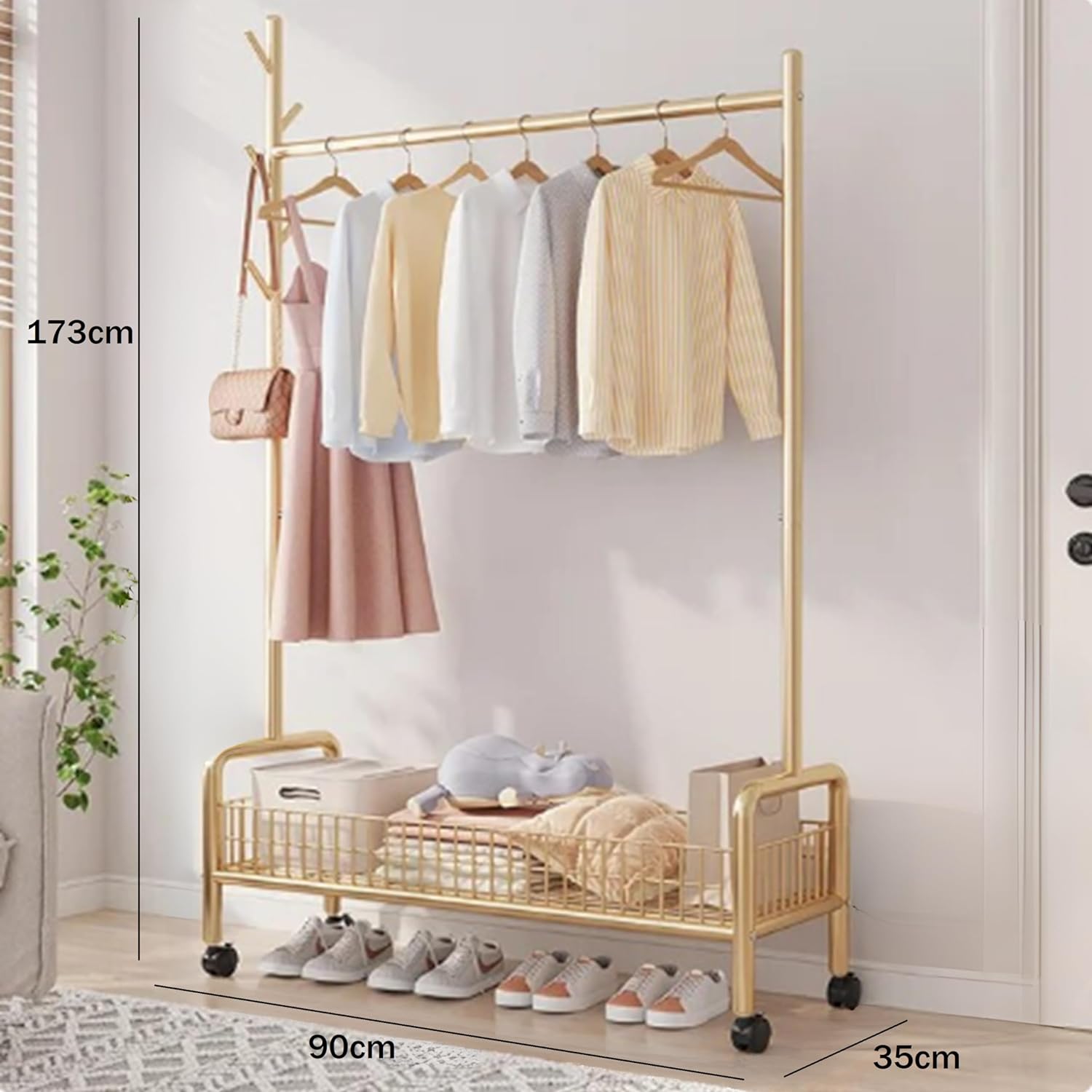Lukzer Compact Garment Stand – 90cm, Mesh Design, Bottom Shelf (White/Gold/Black)